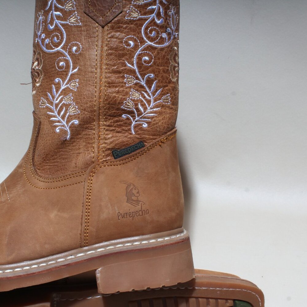 Womens Purepecha Boots Size 5.5 Brown Leather Pull On Mid Calf Cowgirl Western - Picture 6 of 8